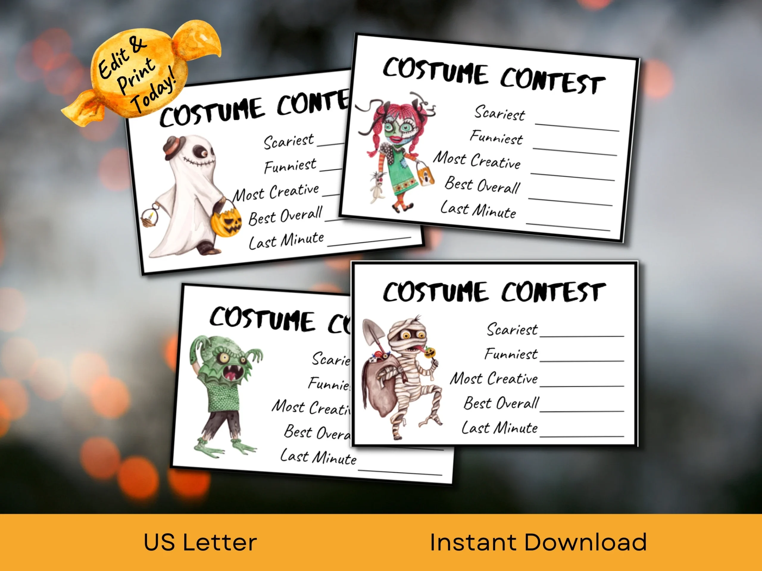 EDITABLE Halloween Ballot Template For Costume Contest With Retro 