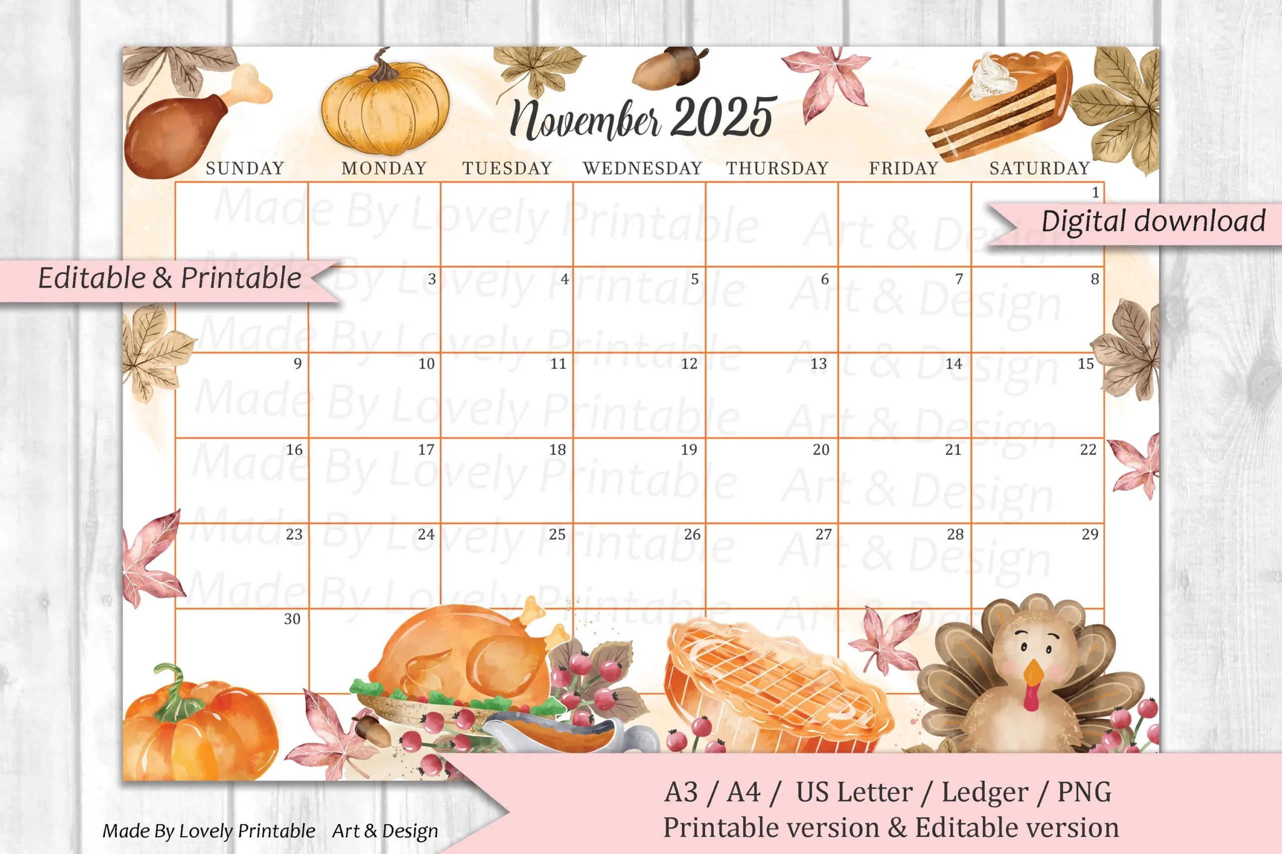 EDITABLE November 2025 Calendar Watercolor Thanksgiving Day Cute 