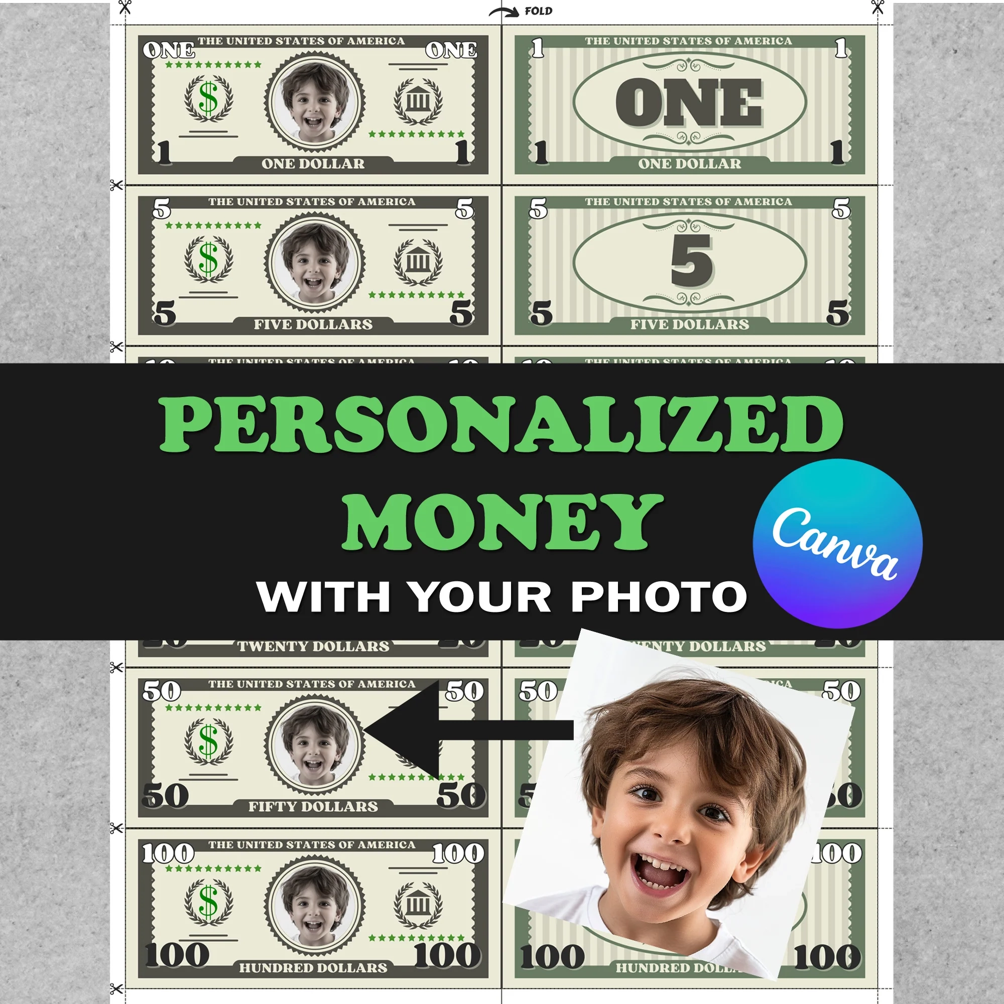 Editable Personalized Play Money Template For Kids Custom Dollar Bills With Your Photo For Canva Users Printable PDF That Fits Letter A4