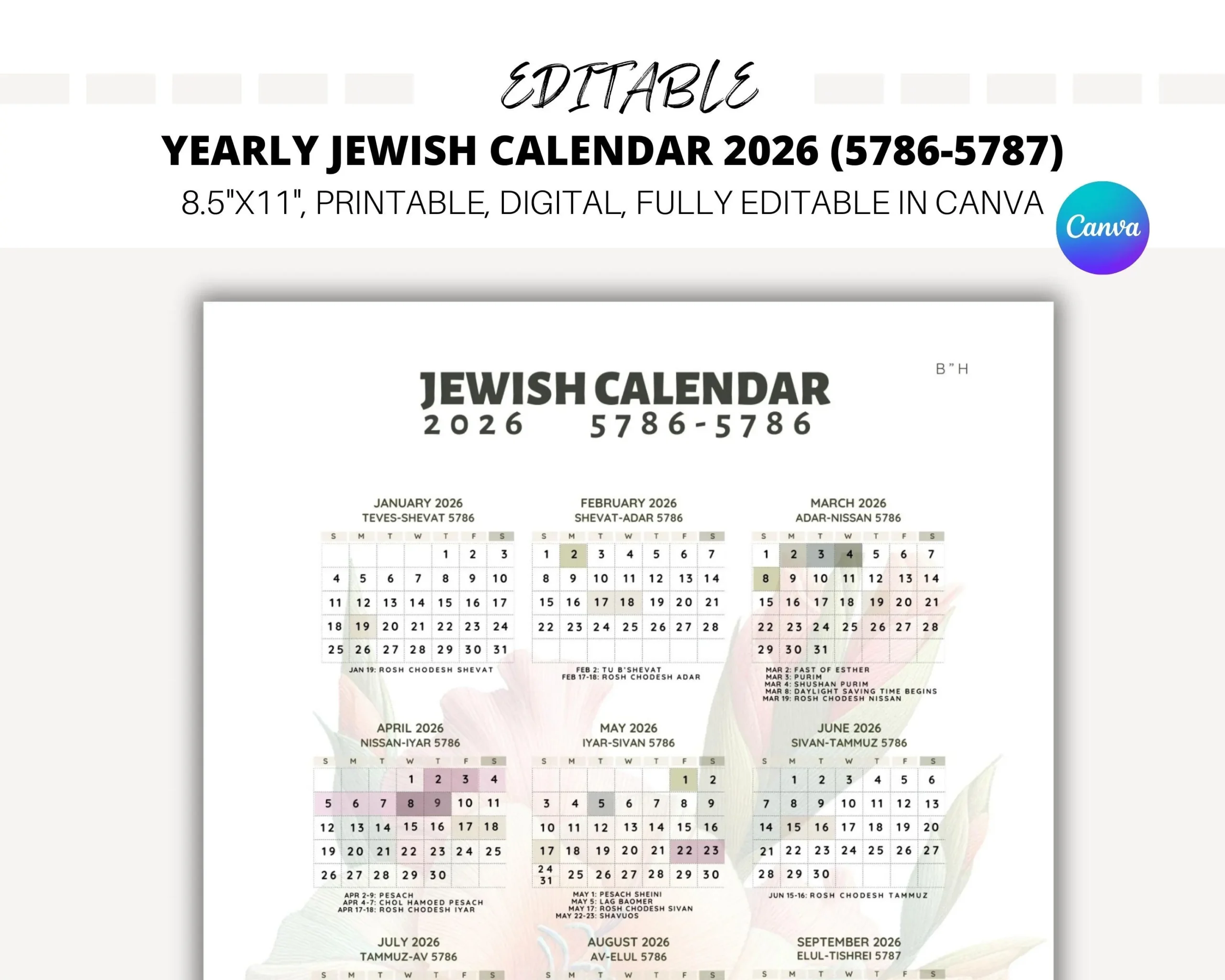 EDITABLE Yearly Jewish Calendar 2026 Jewish Holidays Canva 