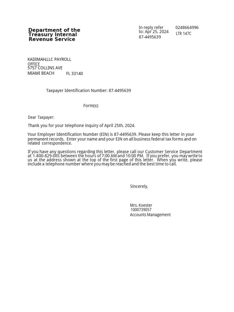 Ein Verification Letter PDF