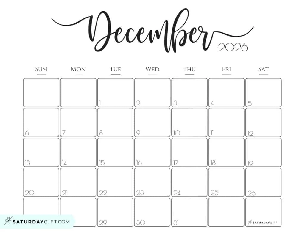 Elegant Printable Calendar 2026 By SaturdayGift Readers Favorite 