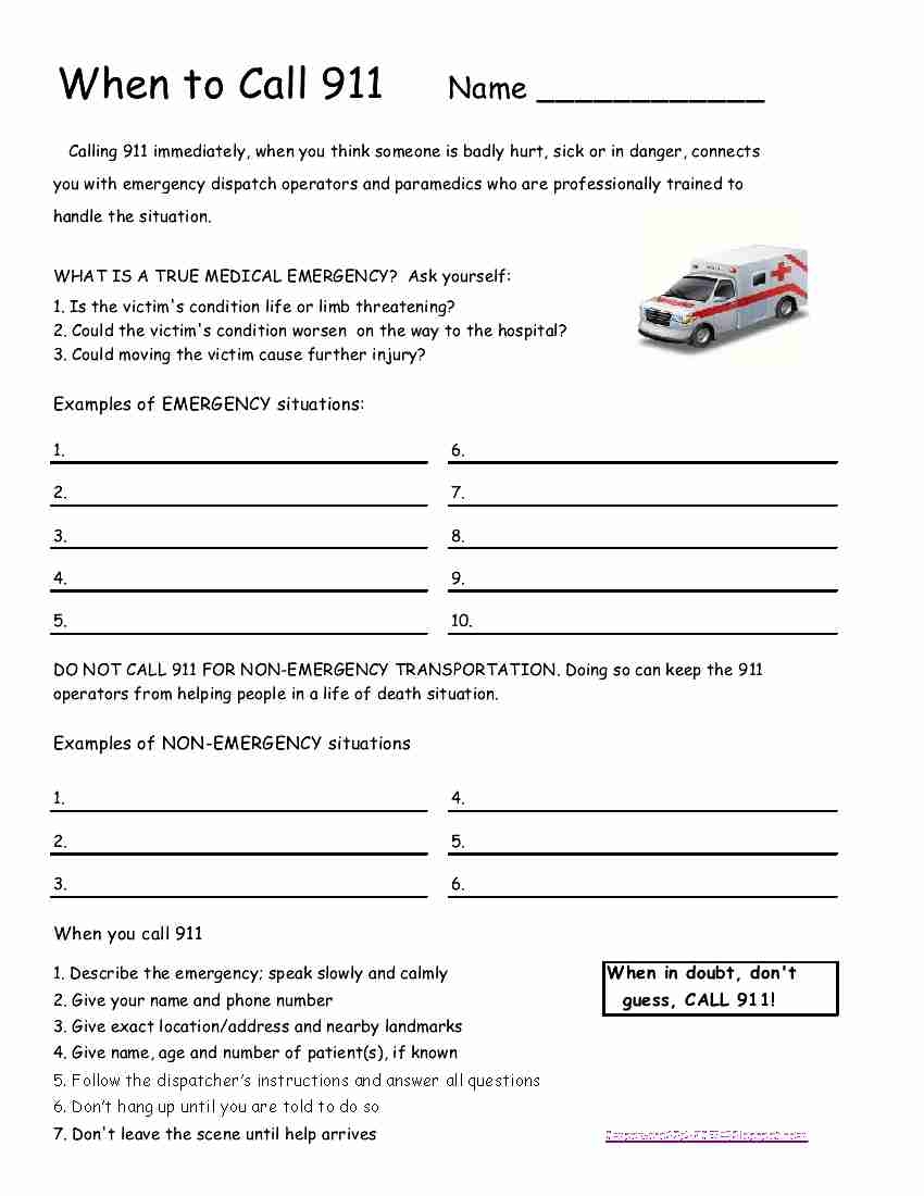 Calling 911 Worksheets For Kids