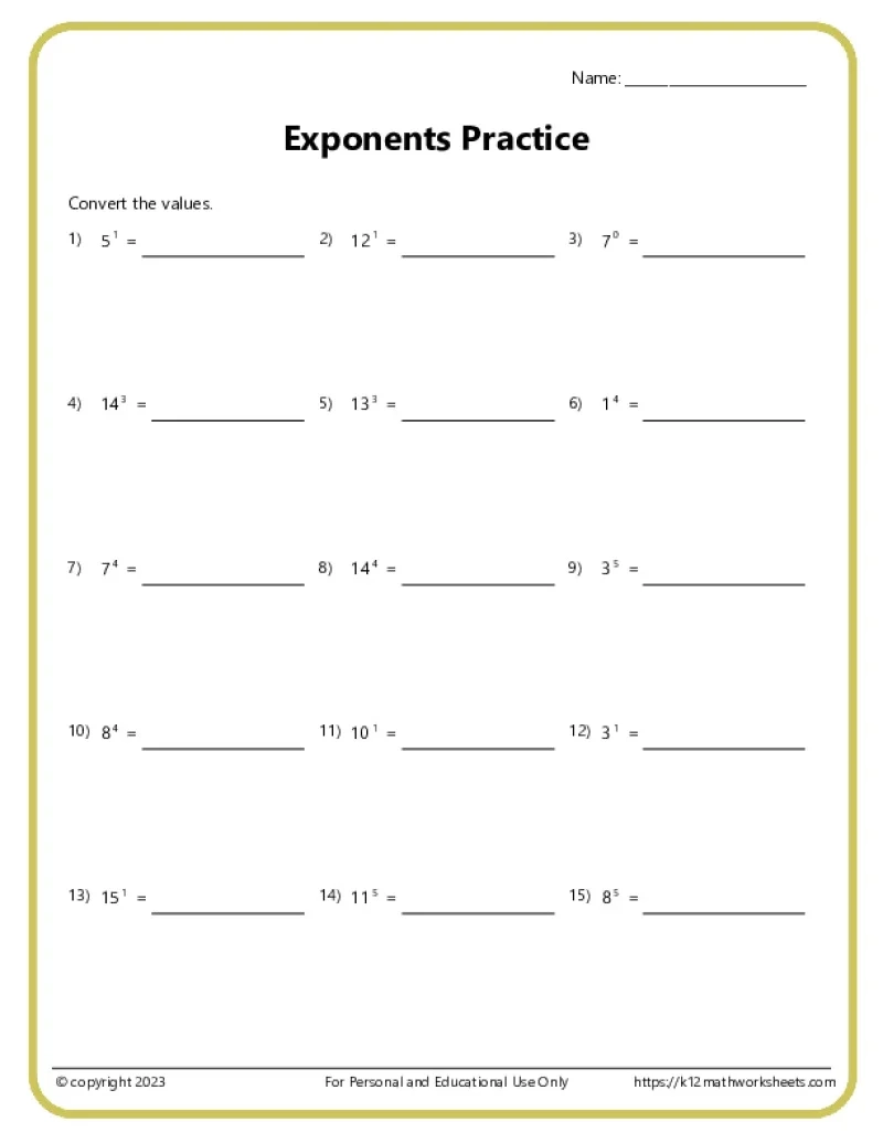 Exponents Worksheets