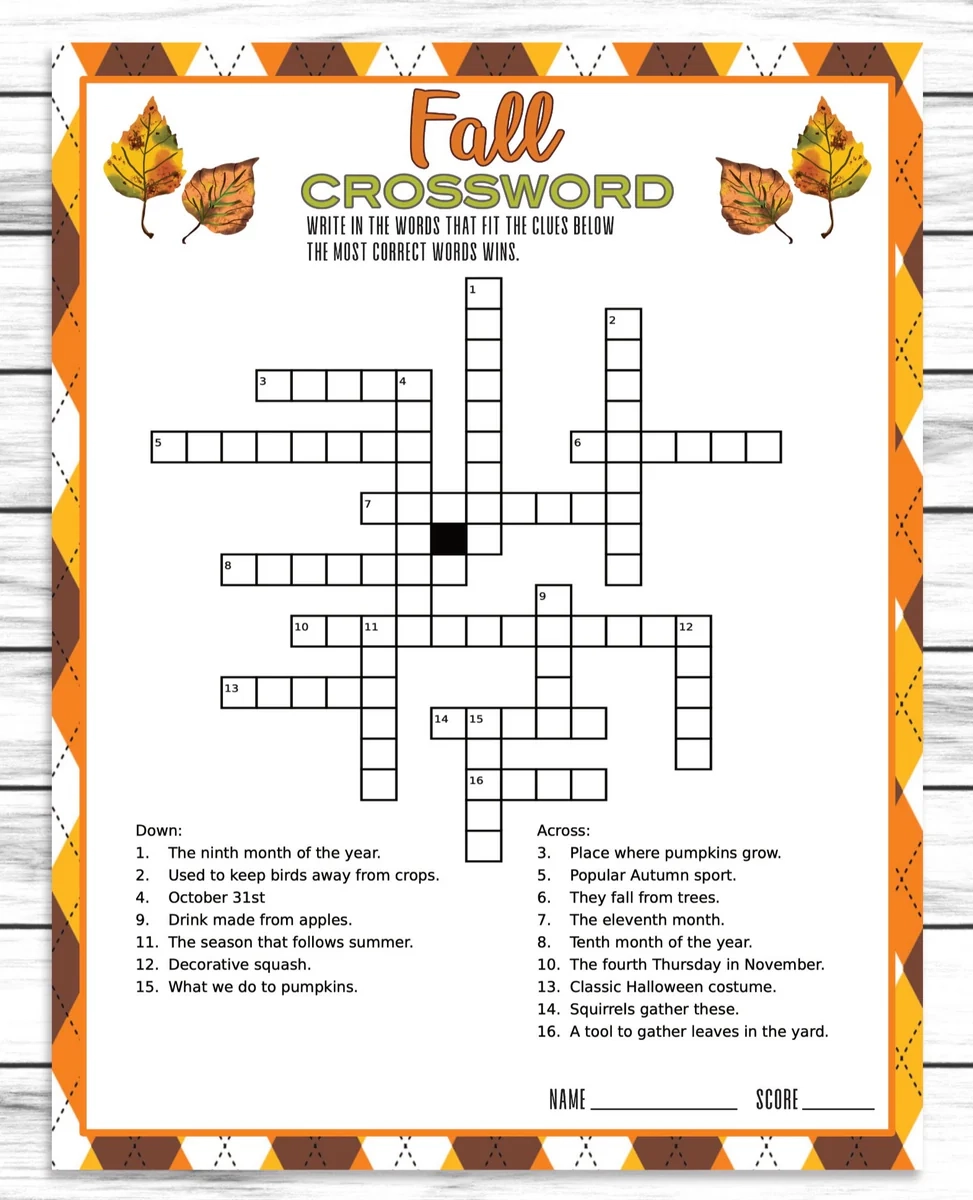 Fall Autumn Party Family Reunion Crossword Puzzle Game Printable 