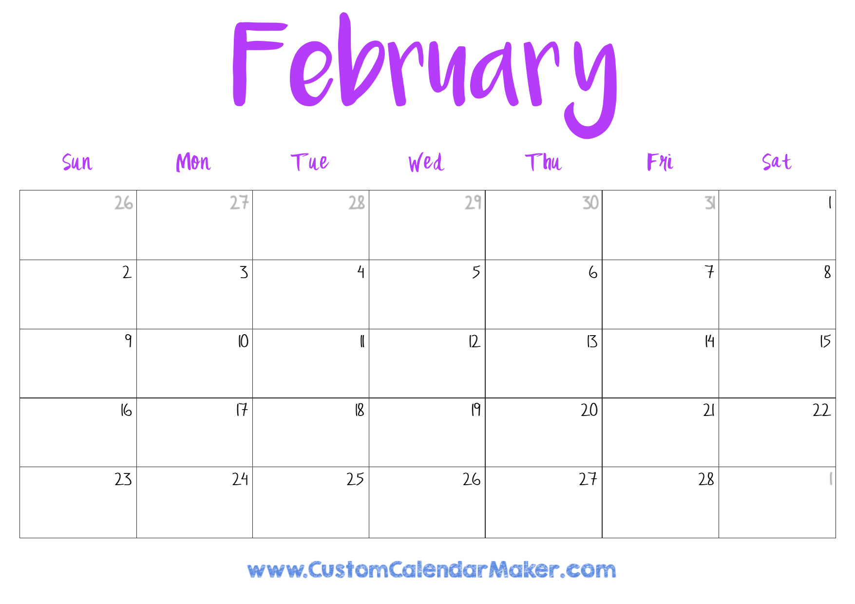 Free Printable Blank February Calendar