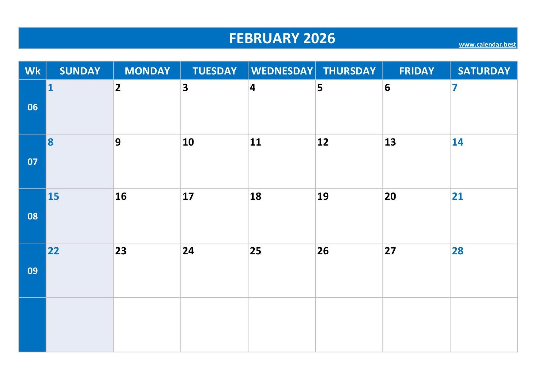 Calendar Feb 2026 Printable