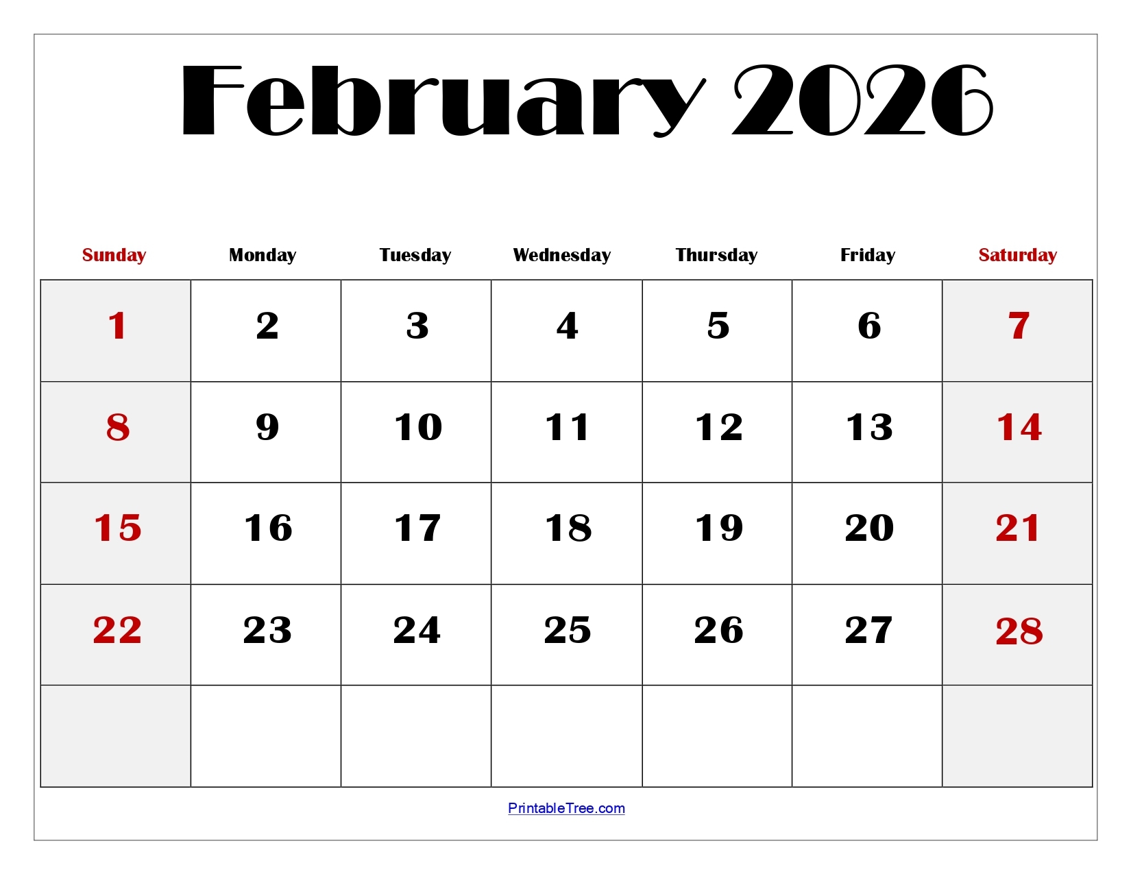 Blank Printable Calendar Feb 2026