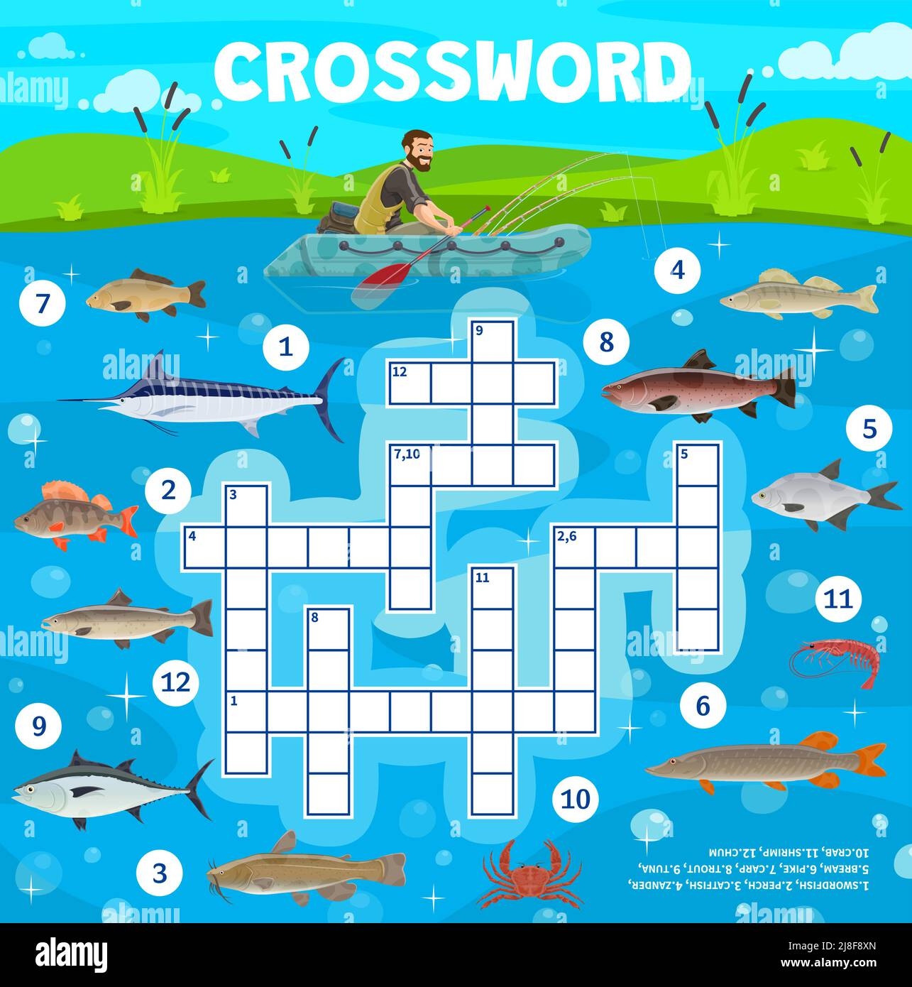 Fish And Fishing Sport Crossword Puzzle Game Grid Quiz Worksheet 
