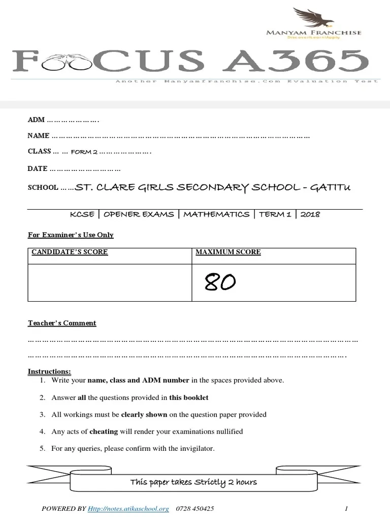 Form 2 Term 1 Opener Exams PDF Density Pound Sterling
