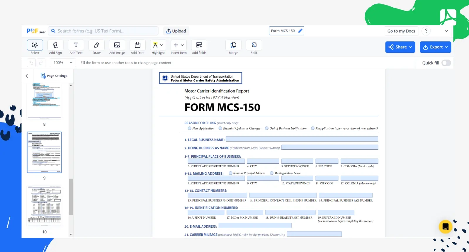 Form MCS 150 Printable Form MCS 150 Blank Online PDFliner