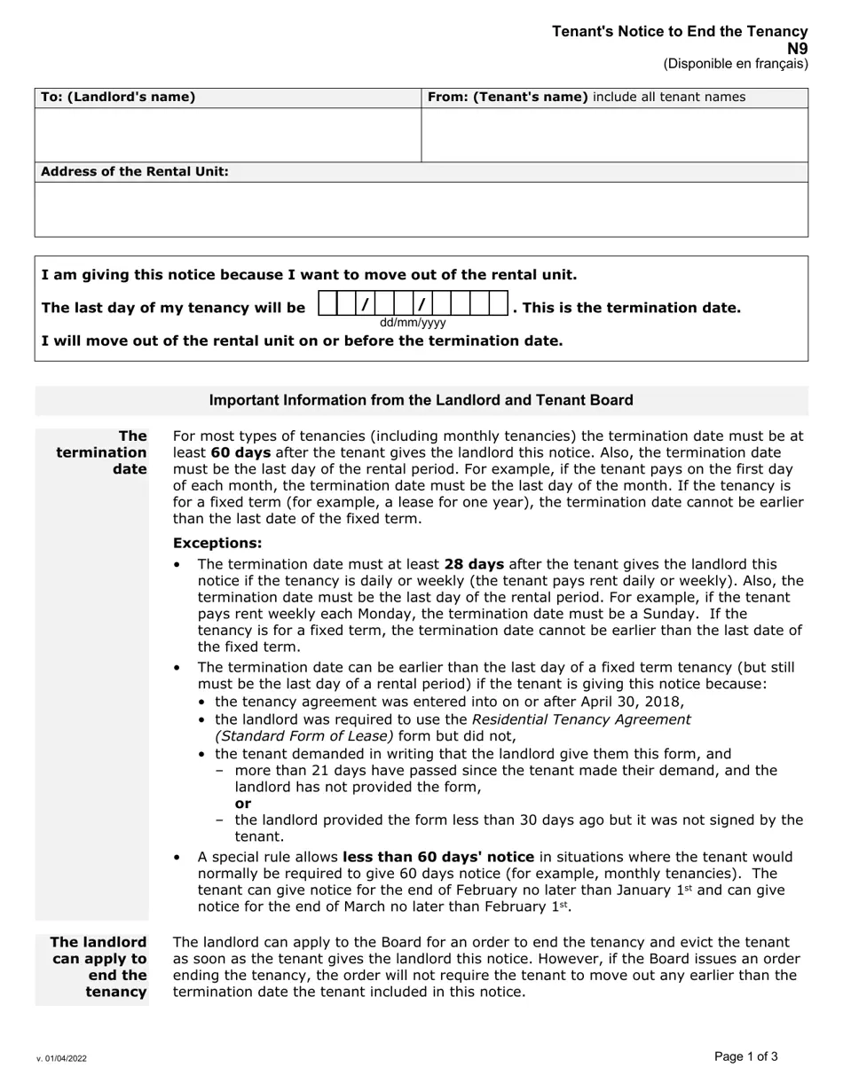Form N9 Download Fillable PDF Or Fill Online Tenant s Notice To 
