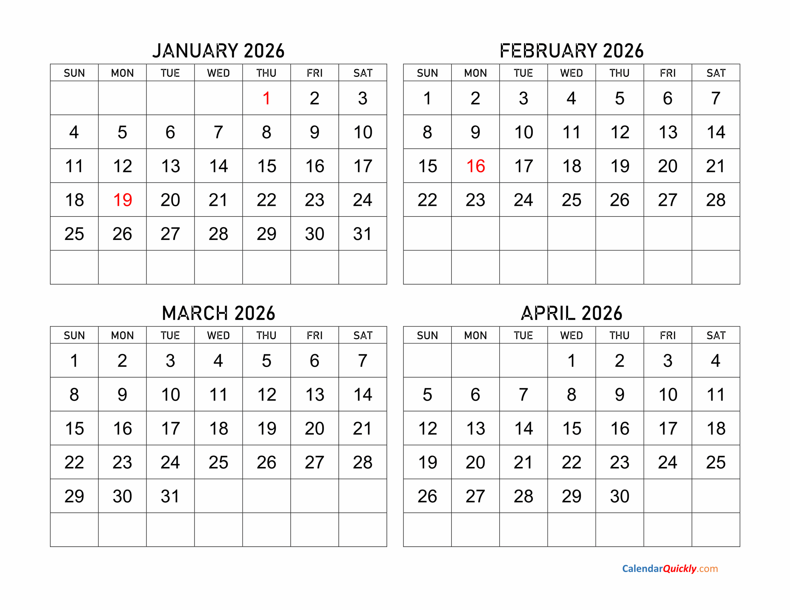January February Calendar 2026