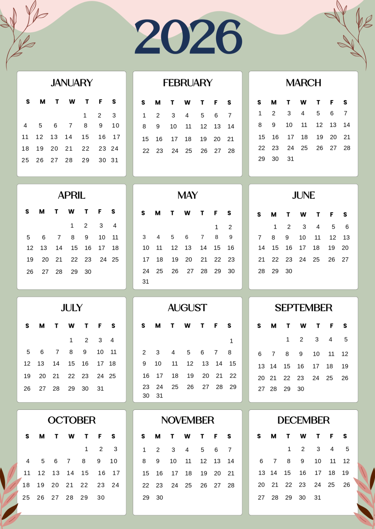 2026 Free Printable Calendar One Page