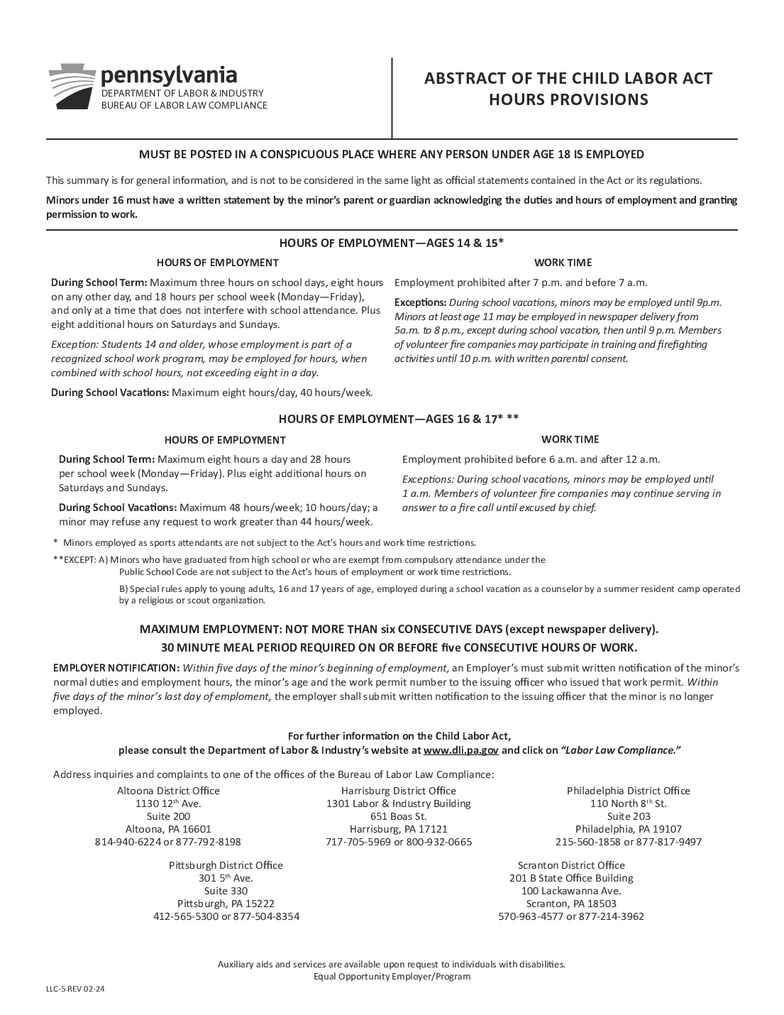 Free Abstract Of The Pennsylvania Child Labor Act Form 2026