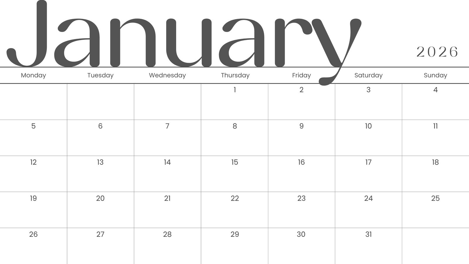 January 2026 Printable Calendar