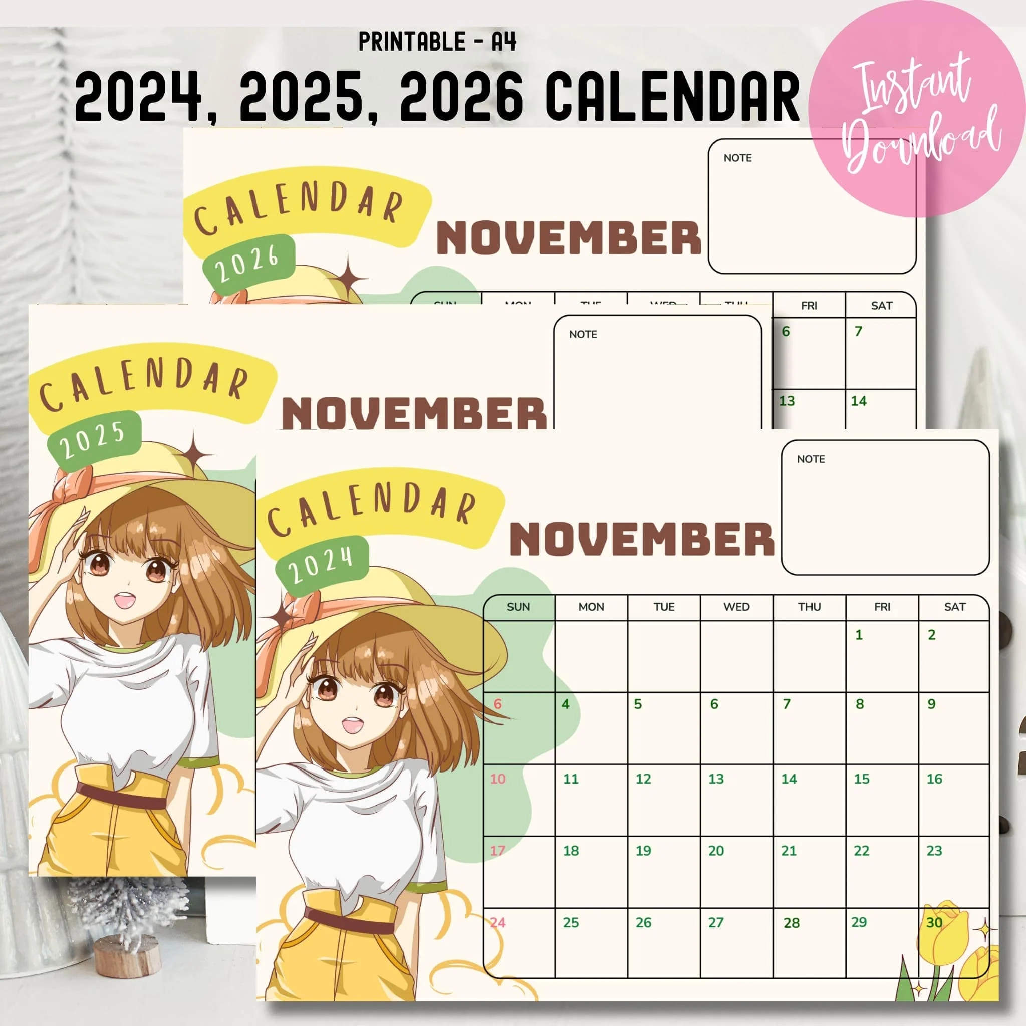  Free Anime Hand Drawn November Calendar 2024 2026 Yellow 