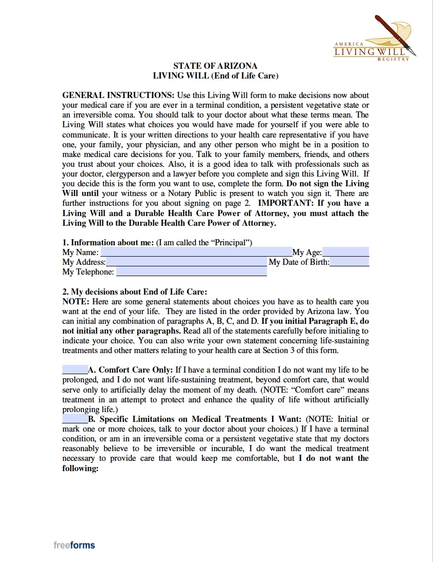 Free Arizona Living Will Form PDF