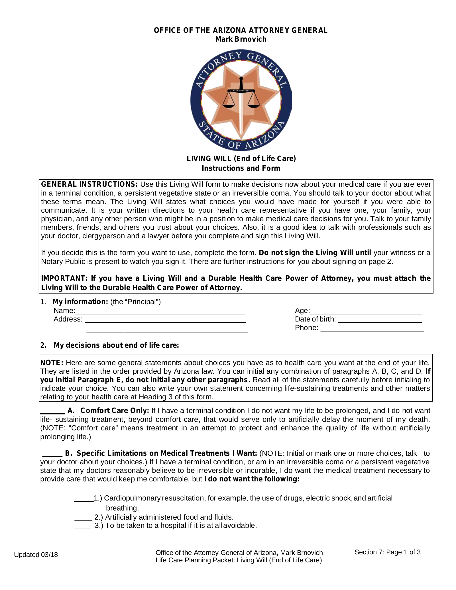 Free Arizona Living Will Form Template PDF EForms