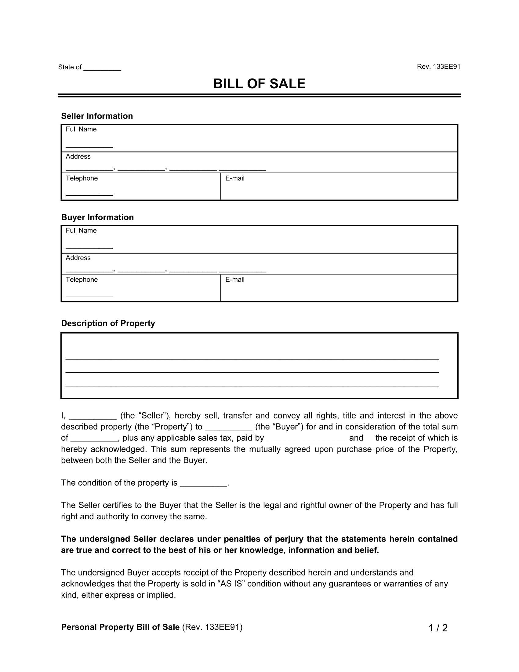 Bill Of Sale Template Printable