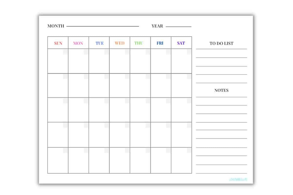 Monthly Calendar Printable Blank
