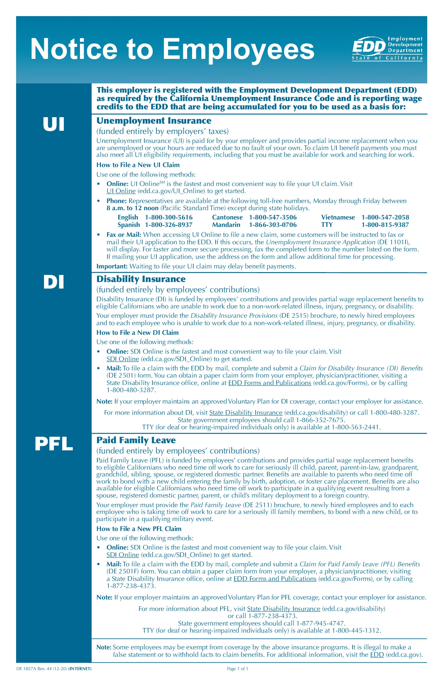 Free California UI DI And PFL Employee Notice Labor Law Poster 2026
