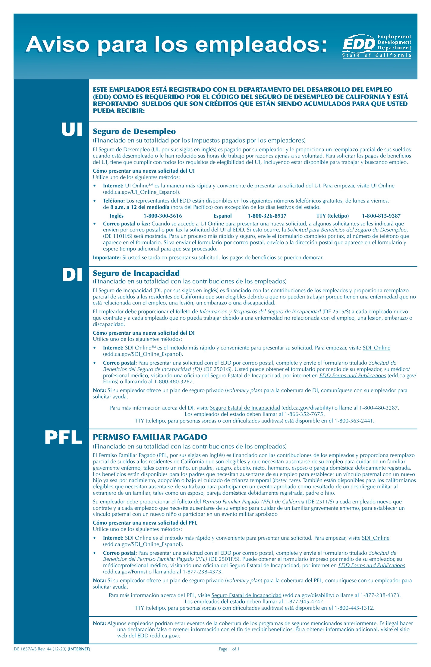 Free California UI DI And PFL Employee Notice Spanish Labor 