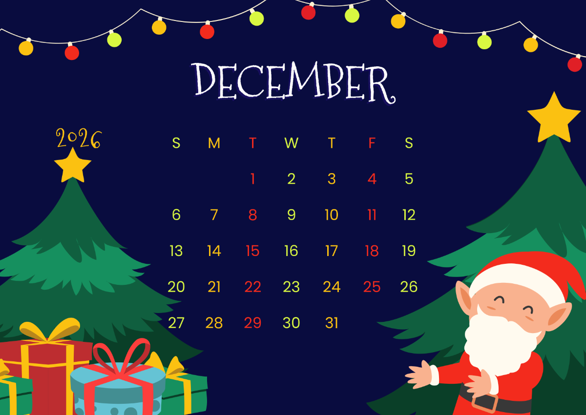 December 2026 Calendar Kids Printable