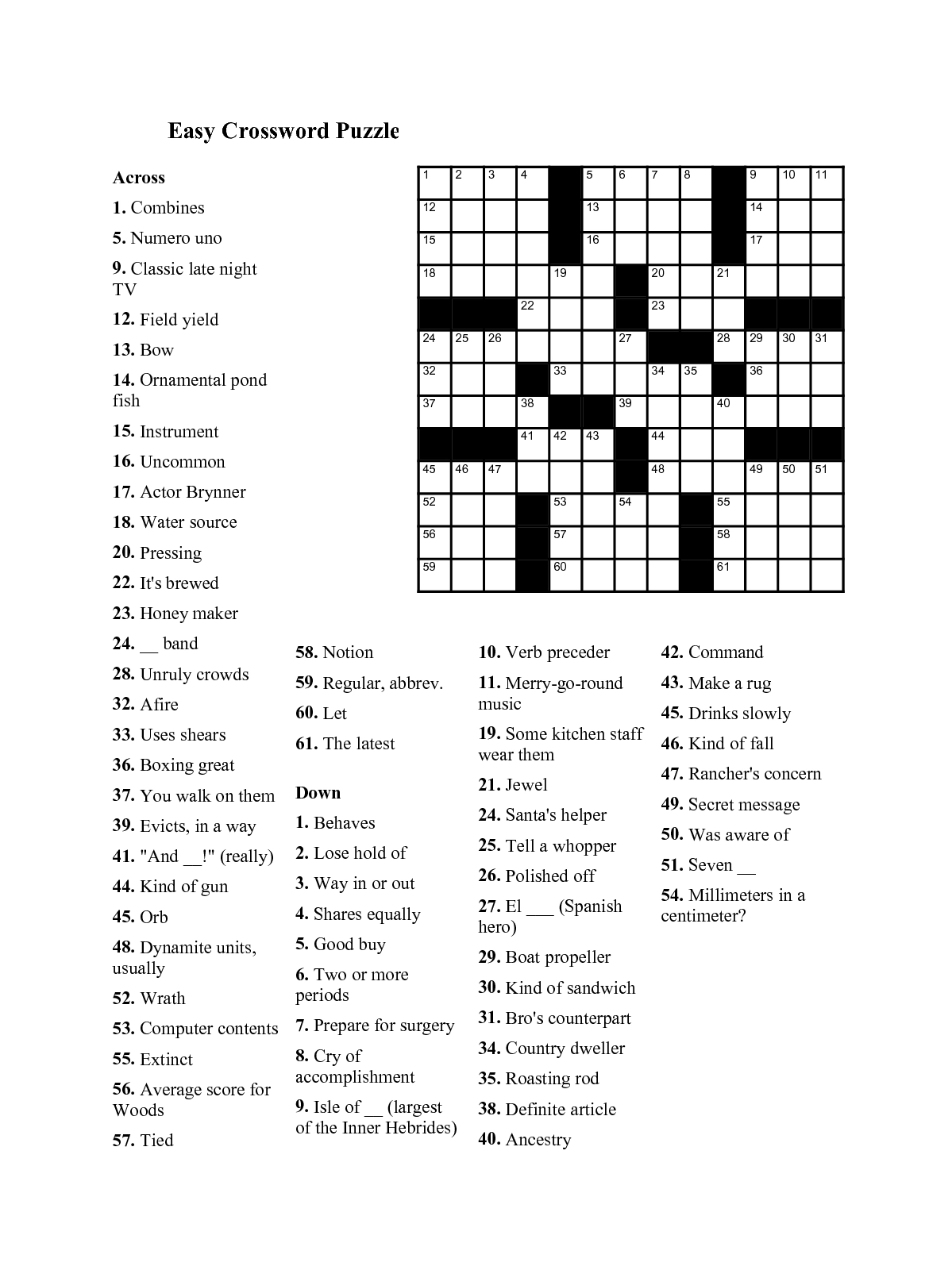 Universal Crossword Puzzles Printable Free