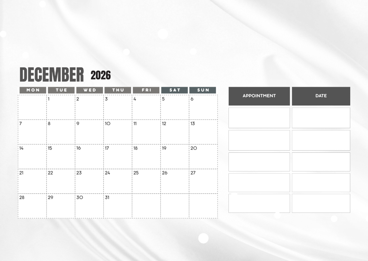 Free December 2026 Appointment Calendar Template To Edit Online
