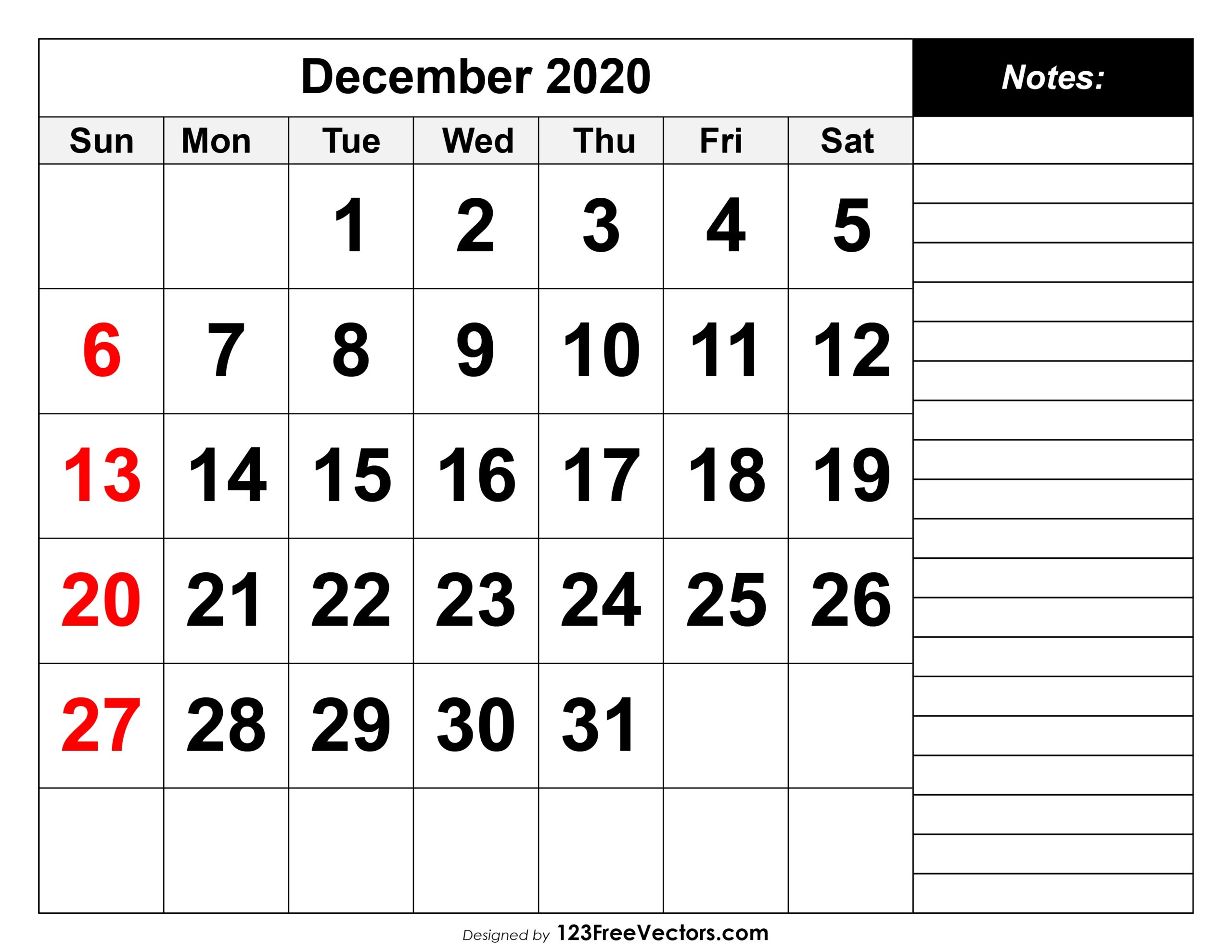 Free Download December 2020 Calendar Printable