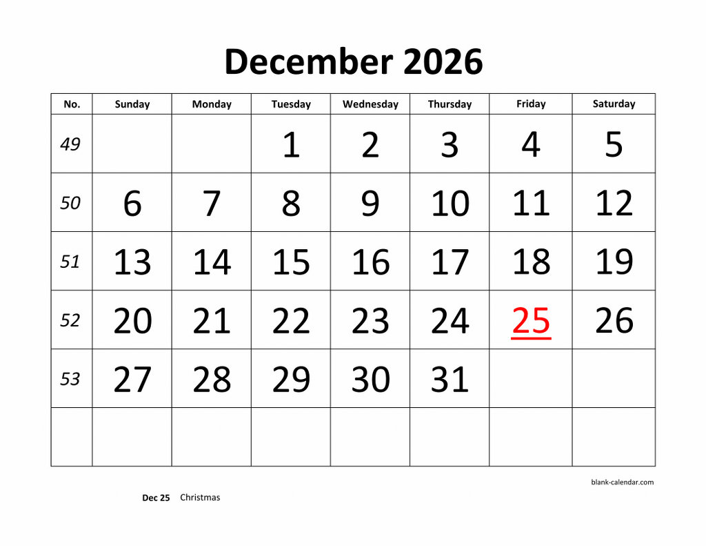 December 2026 Calendar Printable Horizontal