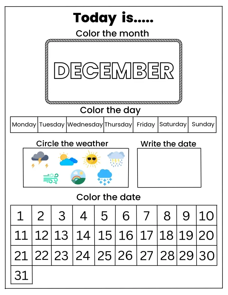 Preschool Printables Calendar December 2026