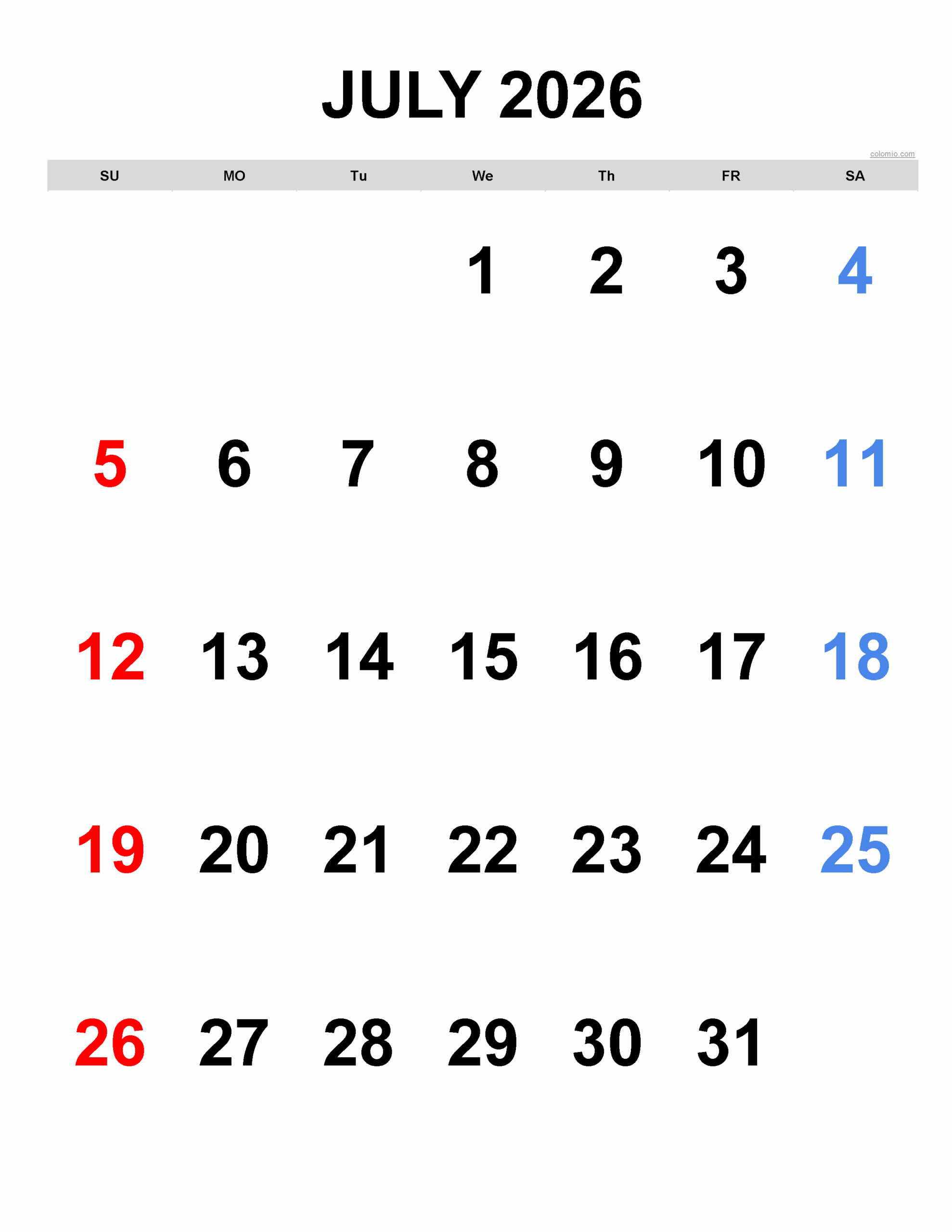 Blank Calendar July 2026 Portrait