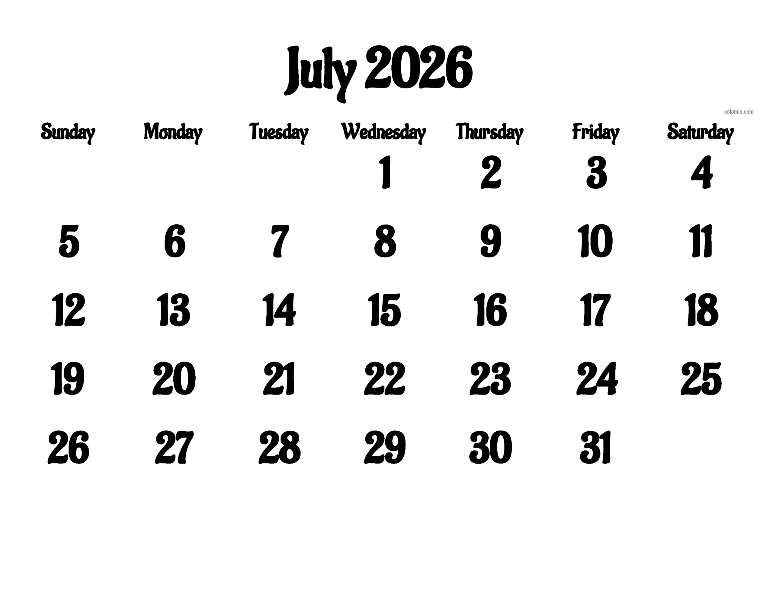 Calendar For July 2026