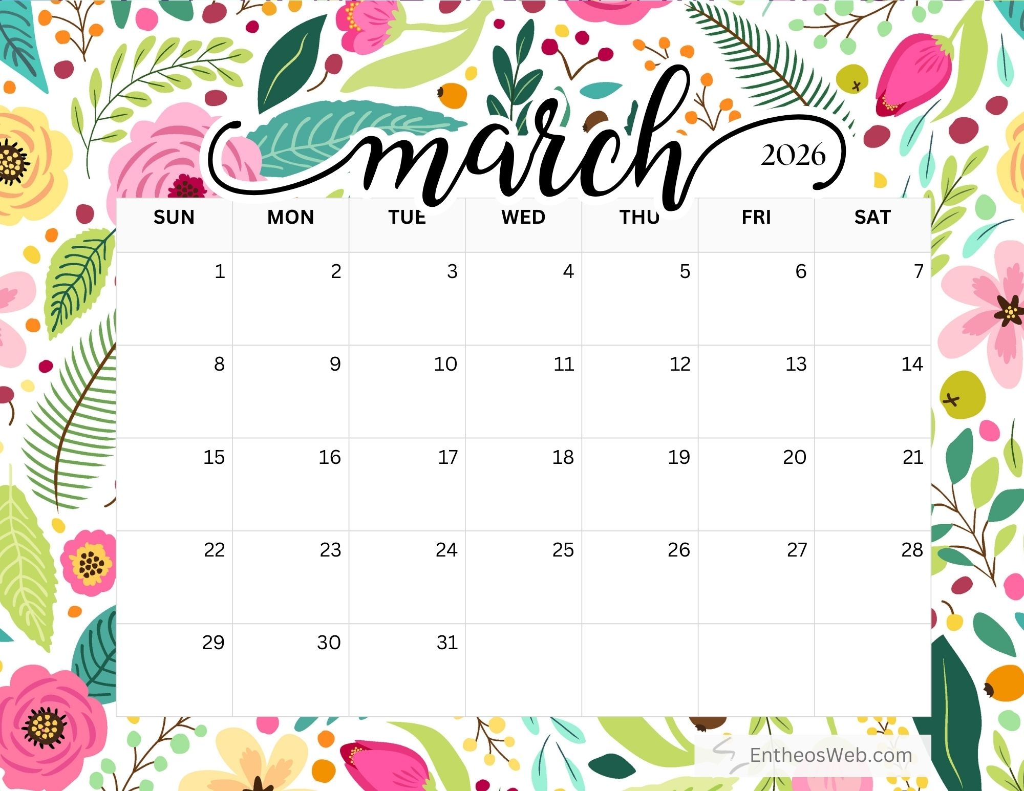 Free Printable Calendar March 2026
