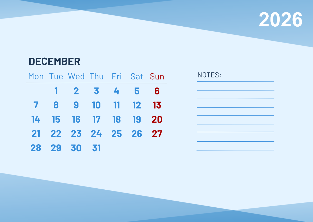 Fillable December 2026 Calendar Printable