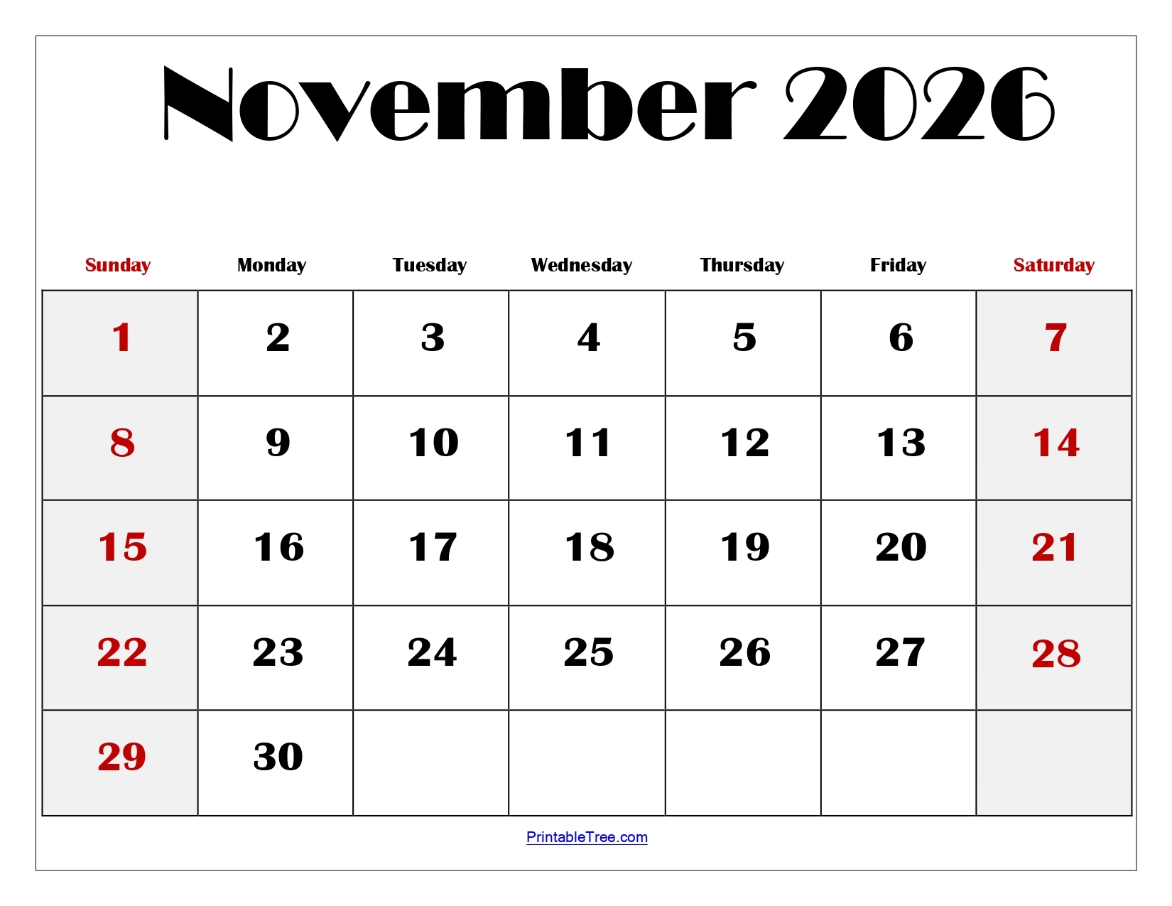 November Note Calendar 2026 Printable