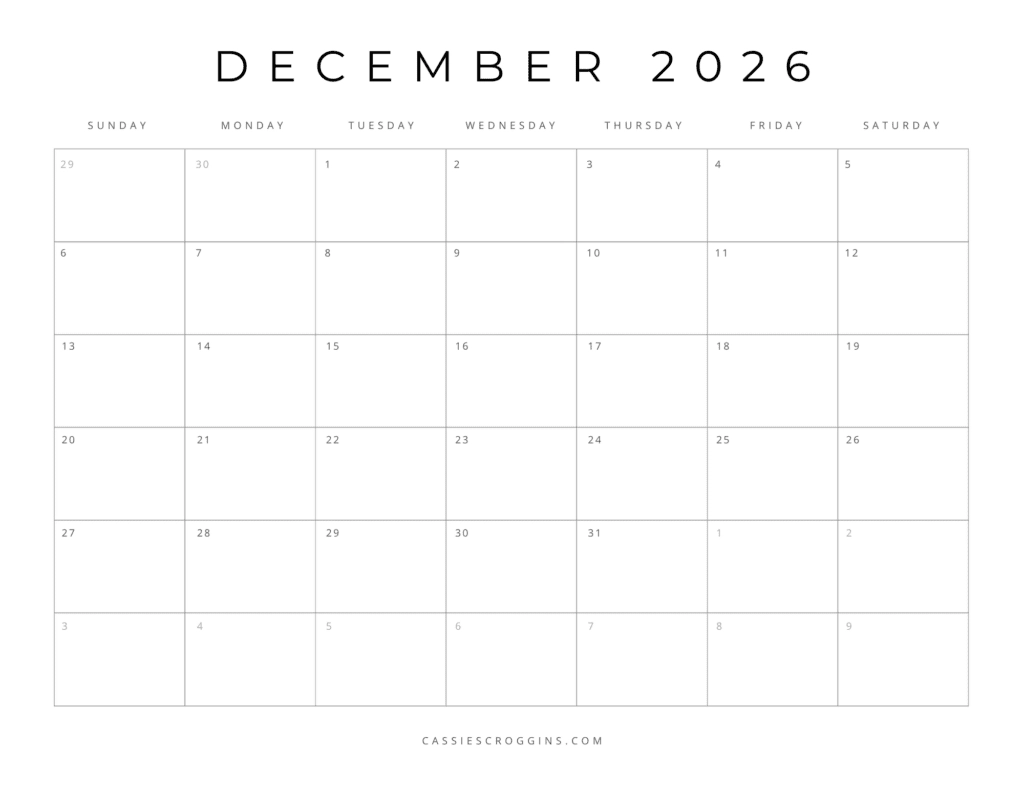 December Calendar Free Printable 2026