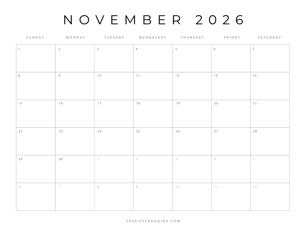 Printable Calendar November 2026 Pages