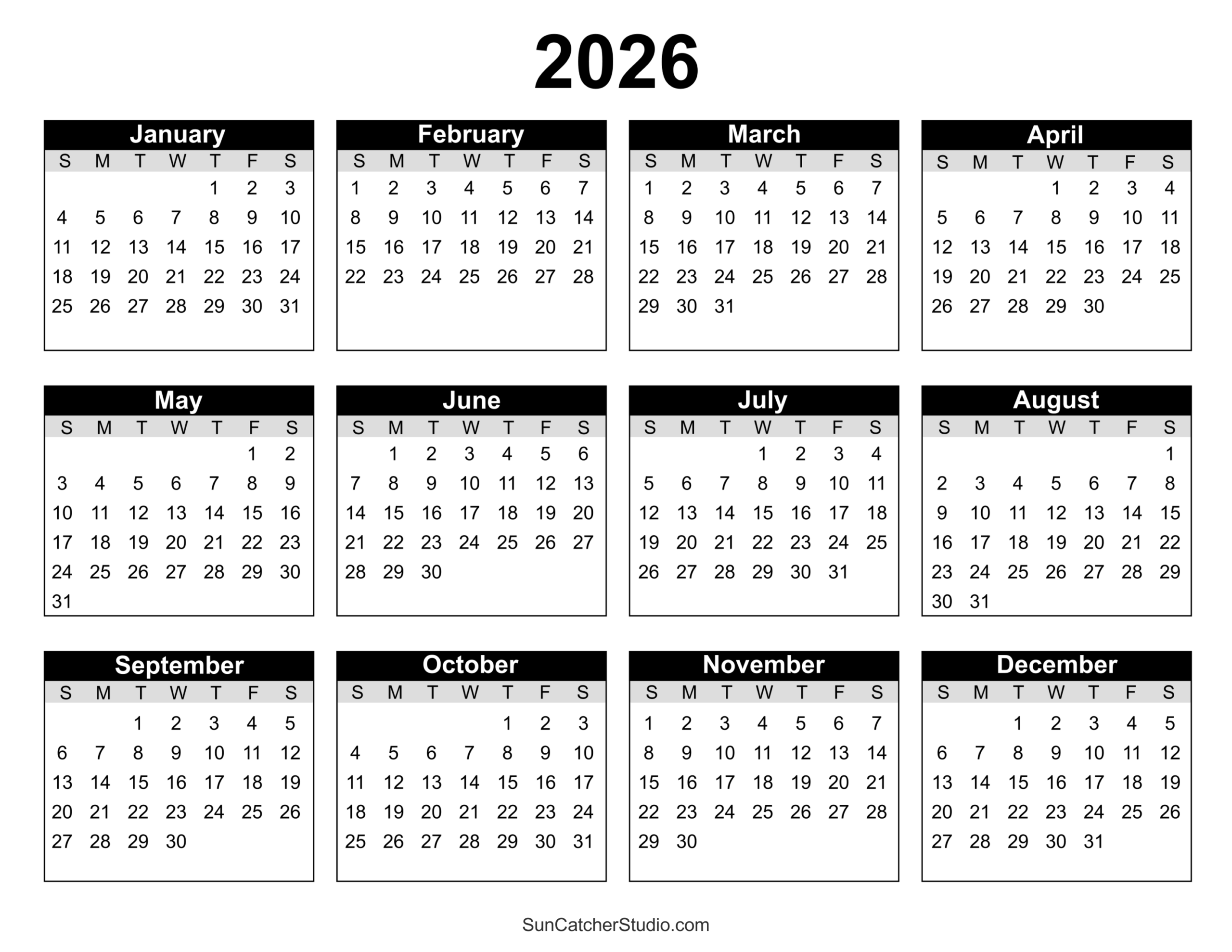 2026 Printable Yearly Calendar With Holidays