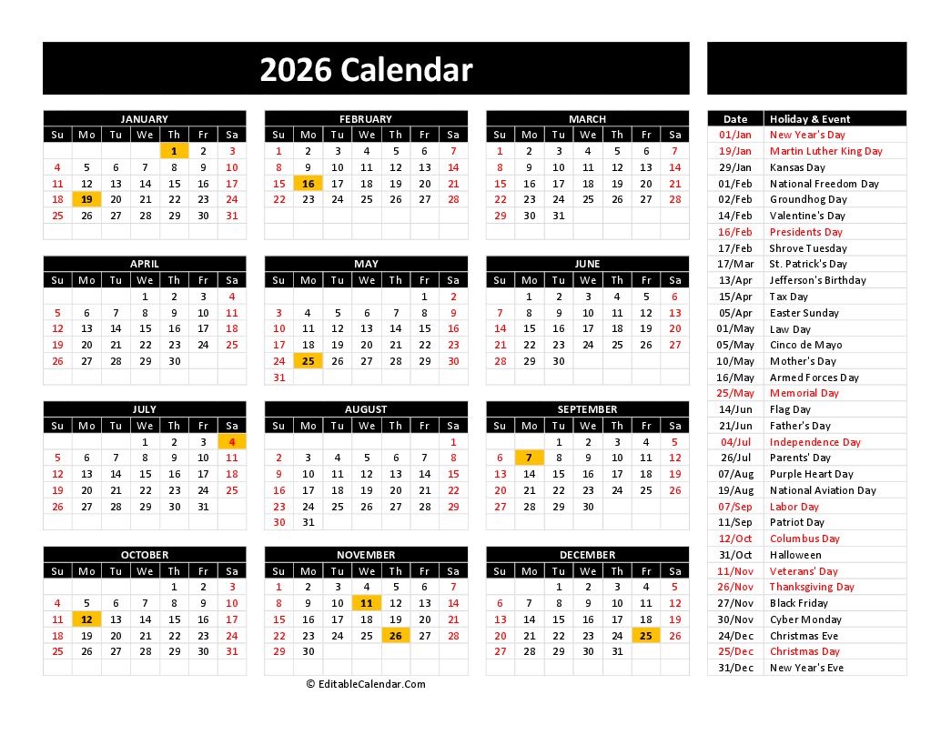 2026 Calendar With Holidays Free Printable 2026 Calendar With Holidays Free Printable