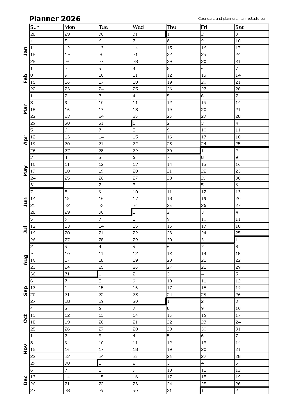 Blank Yearly Calendar 2026 Printable