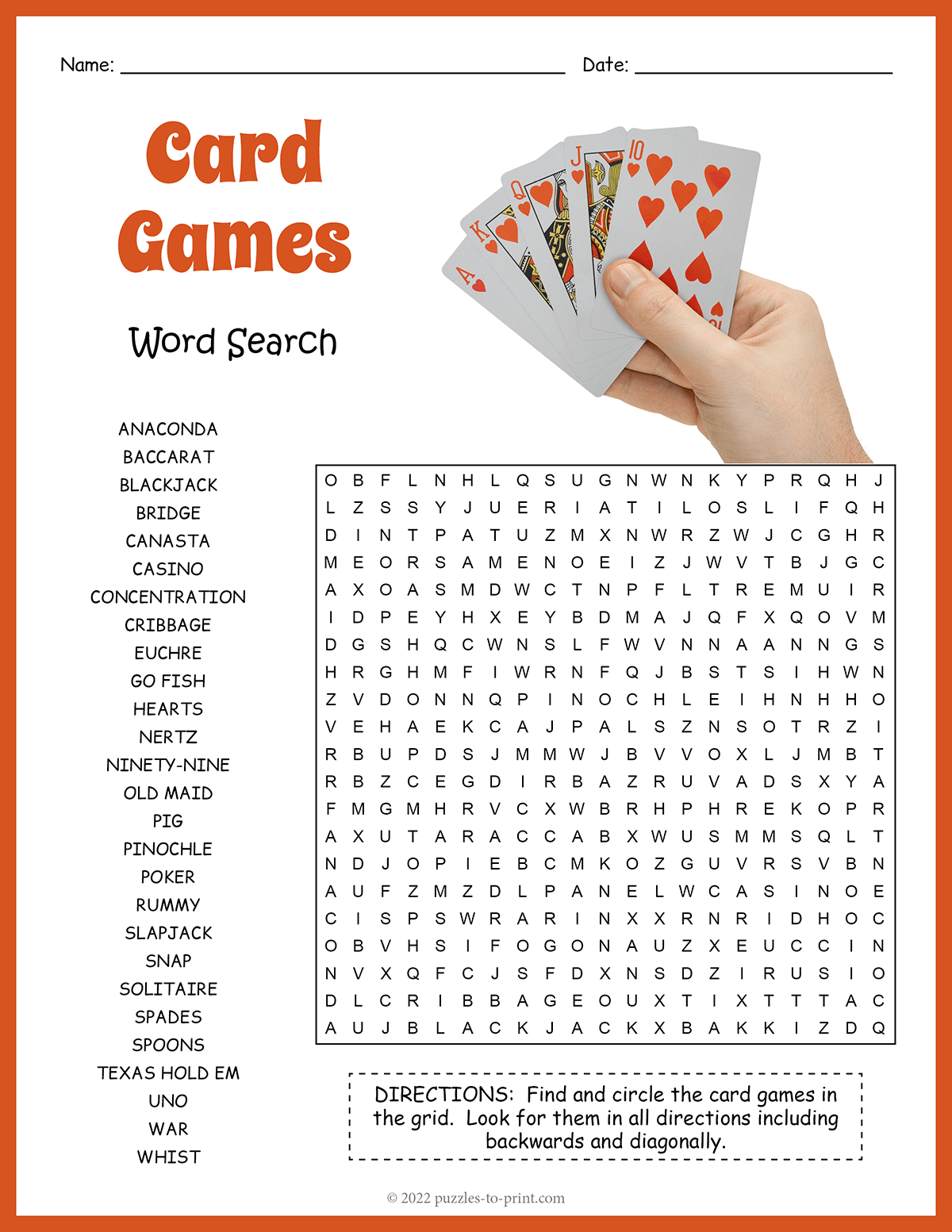 Free Printable Card Games Word Search