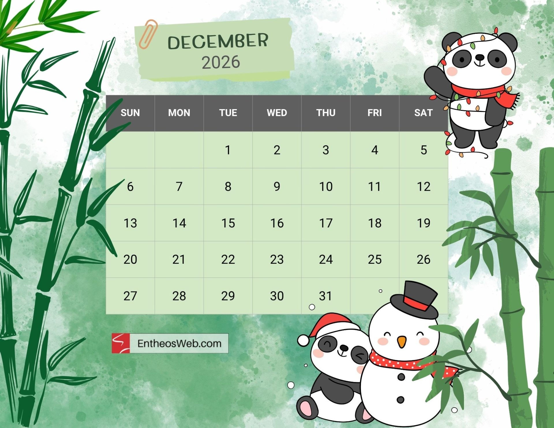 Free Printable December 2026 Calendars EntheosWeb