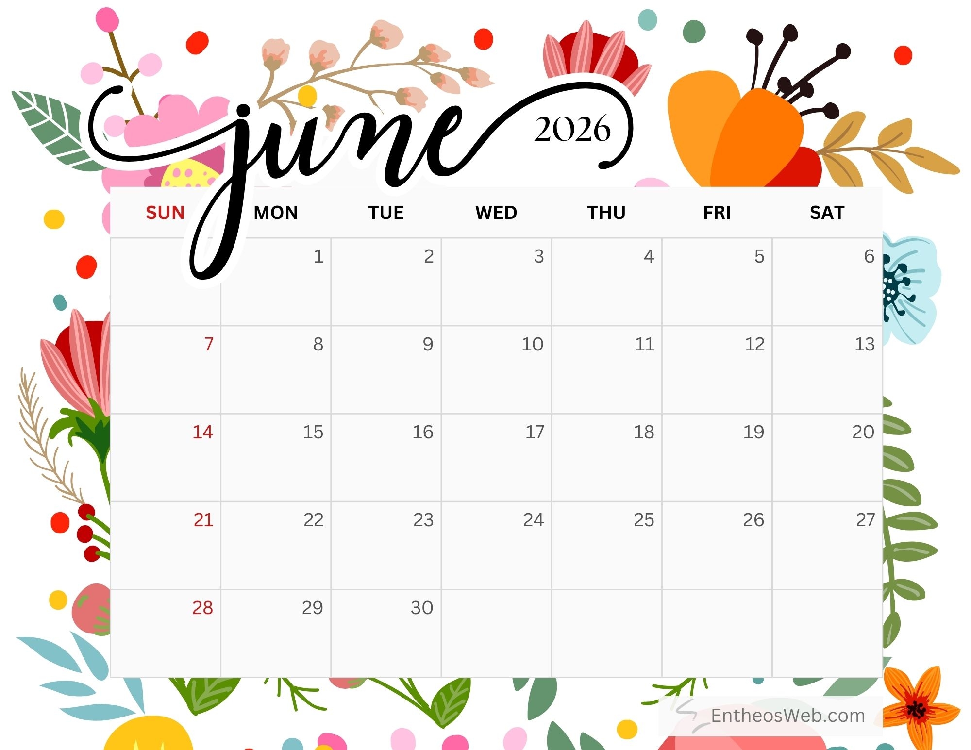 Printable June 2026 Calendar