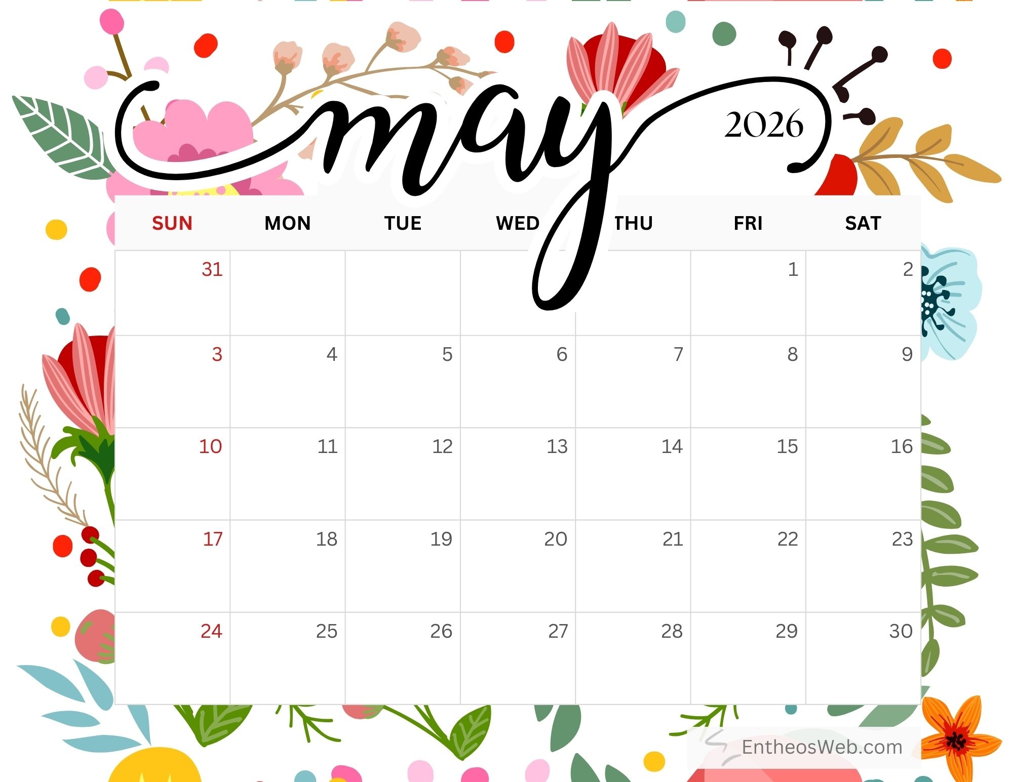 Free Printable May 2026 Calendar