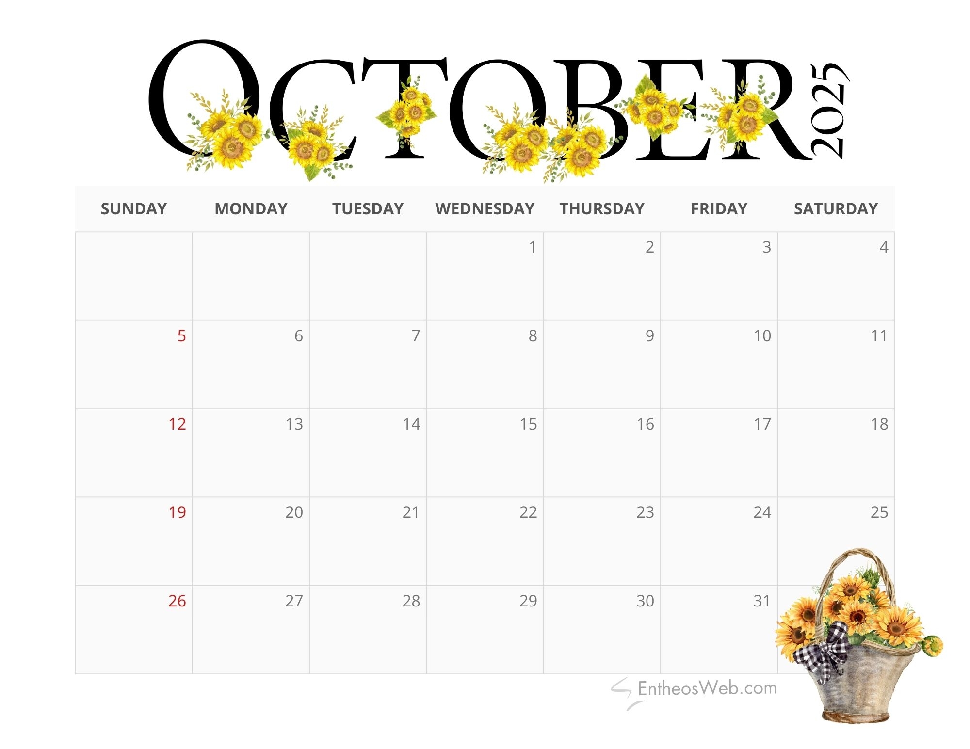 Free Printable Monthly Calendar 2025 Sunflowers EntheosWeb