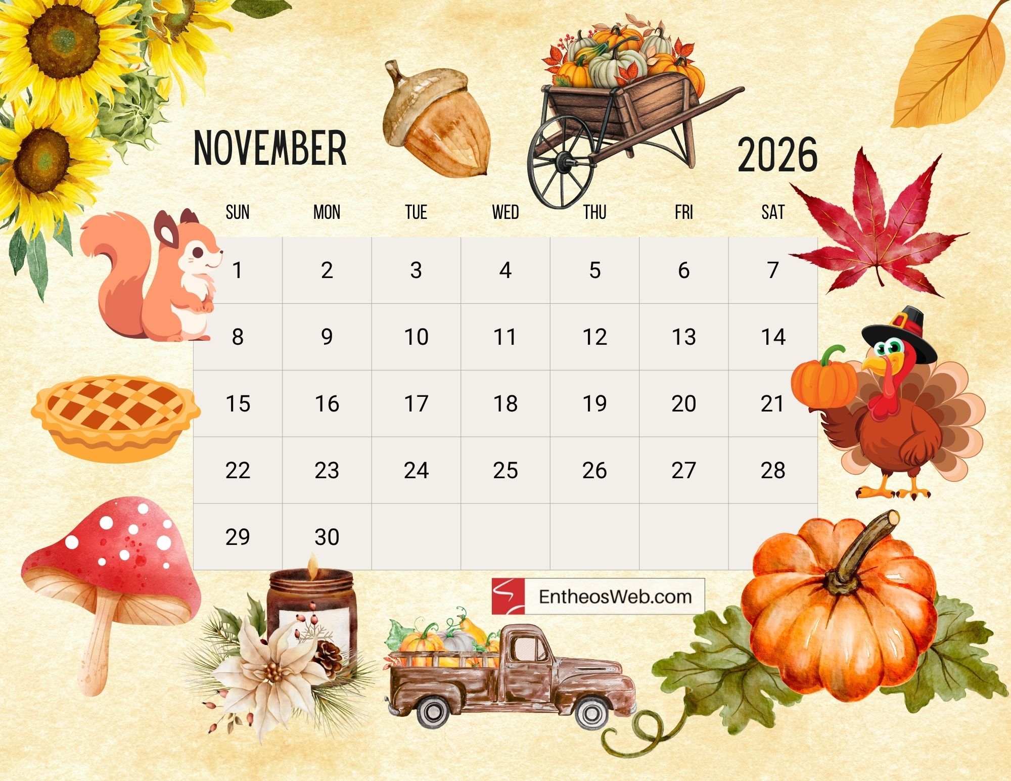 Pretty Printable November 2026 Calendar