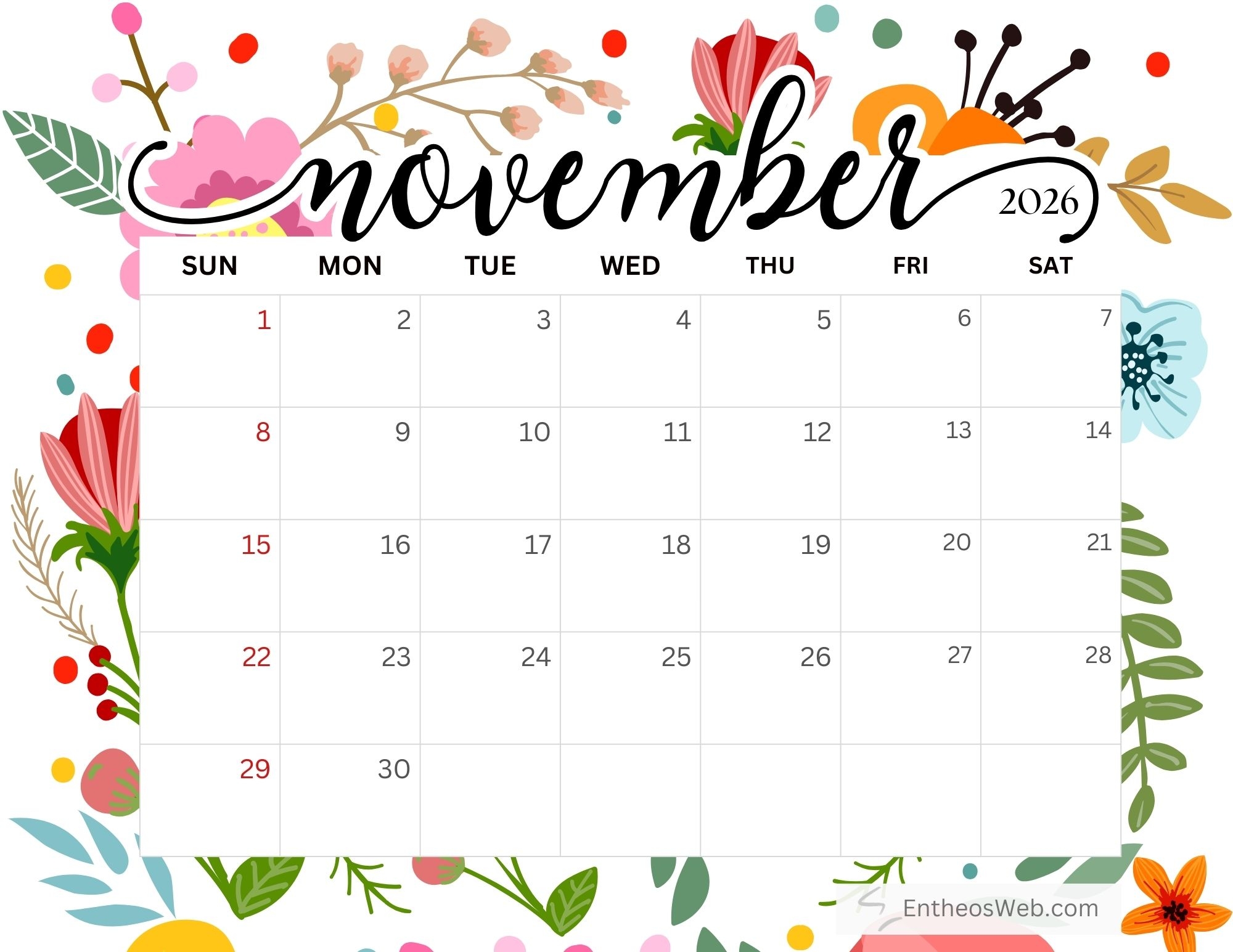 Free Printable November 2026 Calendar